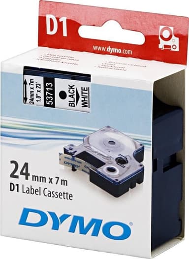 DYMO D1 merkkausteippi standardi 24mm, valkoinen, 7m rulla
