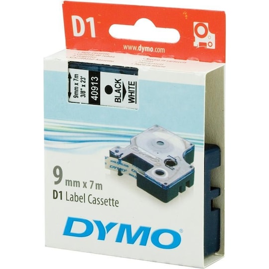 DYMO D1 merkkausteippi, 9mm, valkoinen/musta teksti, 7m