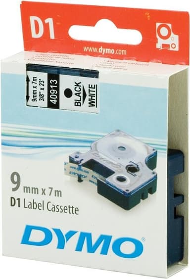 DYMO D1 merkkausteippi, 9mm, valkoinen/musta teksti, 7m