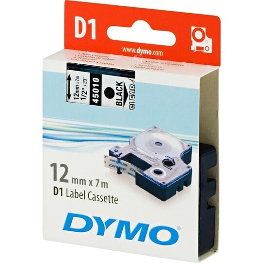 DYMO D1 merkkausteippi, 12mm, läpinäkyvä/musta teksti, 7m - 45010