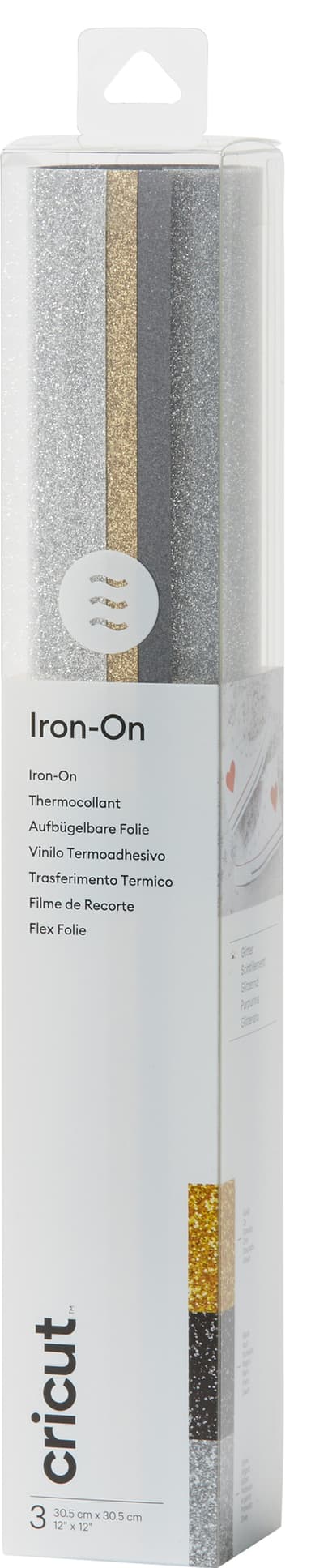 Cricut Iron-On Glitter arkki 30x30 cm (kulta, hopea, musta, 3 kpl)
