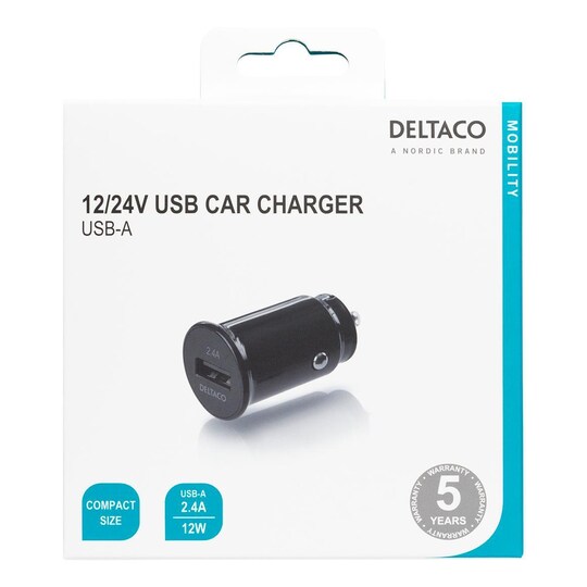 DELTACO 12/24 V USB-autolaturi, jossa kompakti koko ja 1x USB-A-portti, 2