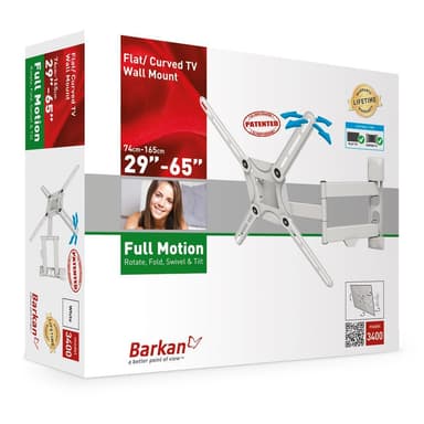 Barkan-litteä/ kaareva TV-seinäkiinnike 3400-seinäkiinnike, täysliike, 29-65 ", enimmäispaino (kapasiteetti) 40 kg, valkoinen