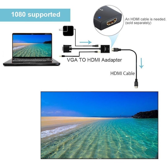VGA -HDMI -yhteensopiva sovitin äänikaapelilla