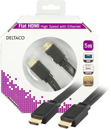 DELTACO -litteä HDMI -kaapeli, HDMI High Speed, Ethernet, 4K, 5 m, musta