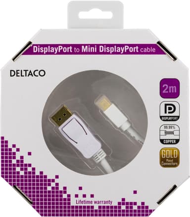 DELTACO DisplayPort - Mini DisplayPort -kaapeli, 20-p ha - ha, 2m, valkoinen