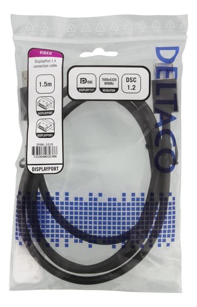 DELTACO DisplayPort-kaapeli, DP 1.4, 7680x4320 60Hz, 1,5m, musta