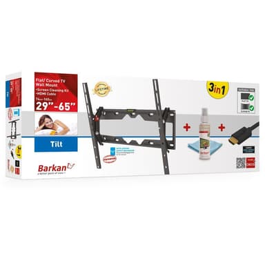 Barkan 3 in 1 Combo: litteä / kaareva TV-seinäteline + näytönpuhdistin + HDMI-kaapeli CM310+ seinäteline, kallistus, 29-65", enimmäispaino (kapasiteetti) 50 kg, musta
