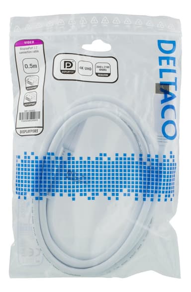 DELTACO DisplayPort -kaapeli, 0,5 m, 4K UHD, DP 1.2, valkoinen