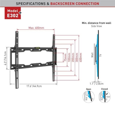 Barkan-litteä/ kaareva TV-seinäkiinnike E302+ seinäkiinnike, kiinteä, 19-65 ", enimmäispaino (kapasiteetti) 50 kg, musta