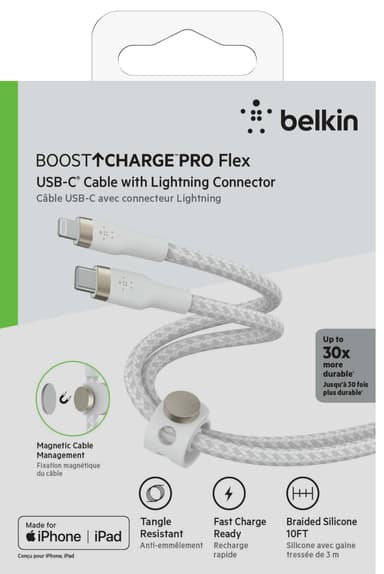 Belkin USB-C - Lightning punottu silikonikaapeli 3 m (valkoinen)