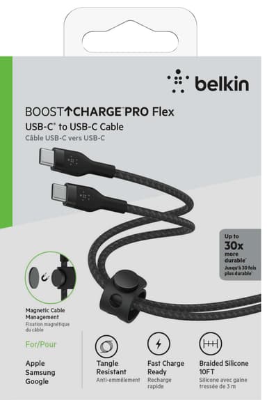 Belkin USB-C - USB-C punottu silikonikaapeli 3 m (musta)