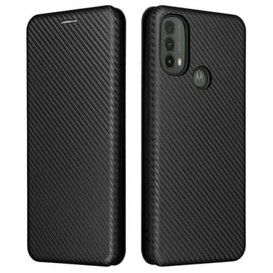 SKALO Moto E30 / E40 Carbon Fiber Lompakkokotelo - Musta