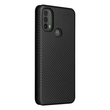 SKALO Moto E30 / E40 Carbon Fiber Lompakkokotelo - Musta