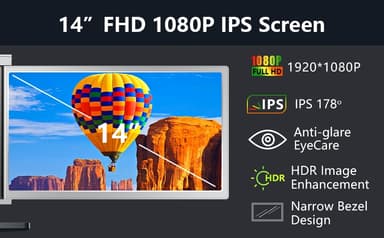 NÖRDIC Kannettava 14"" LCD-näyttö kannettaville tietokoneille 14-17,3"" FHD 1080P IPS USB-C- ja Mini HDMI-portilla,