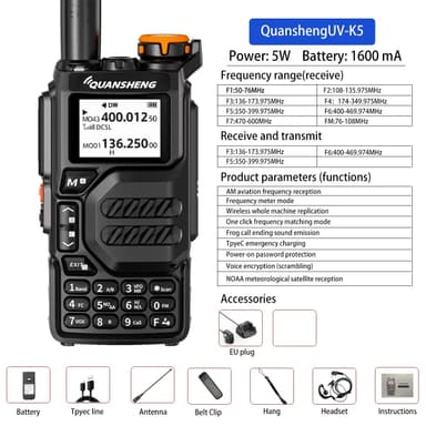 INF UV-K5 Plus 1600 mAh 2-tieradio, radiopuhelin antennilla