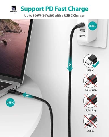 NÖRDIC 2m USB3.2 Gen2 SuperSpeed ​​​​USB 10 Gbps USB-C–C nylon-punottu kaapeli Power Delivery 100W, 4K60Hz video ja Emarker