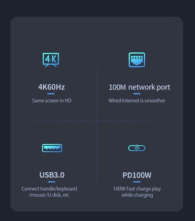 NÖRDIC USB-C 1–6 -telakointiasema Steam Deckille, HDMI 2.0 4k60Hz, RJ45, USB-A 3.0 5 Gbps, 100 W USB-C PD