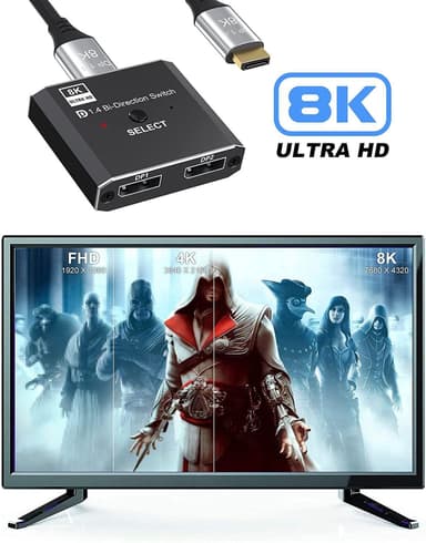 NÖRDIC 8K30Hz Displayport-kytkin 2-1 ja jakaja 1-2, 4K120hz