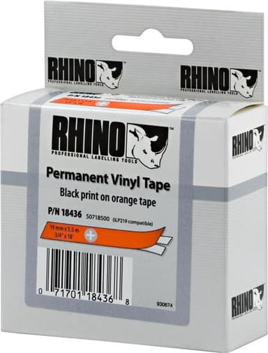 DYMO RhinoPRO merkkausteippi vinyyli, 19 mm, oranssi teippi/musta 5,5m