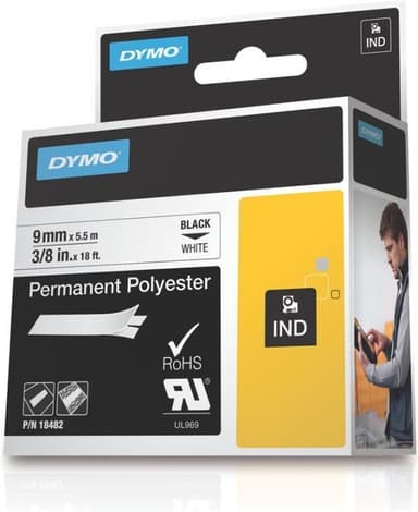 DYMO RhinoPRO, permanentti merkkausteippi, valkoinen polysteri 9 mm