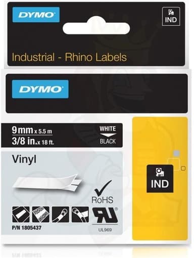 DYMO RhinoPRO 9mm vinyltejp, vit på svart, 5.5m rulle