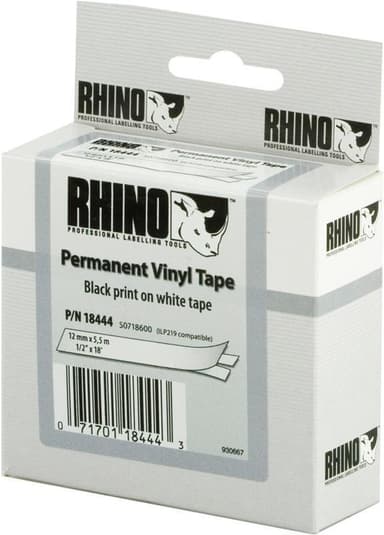 DYMO RhinoPRO merkkausteippi,vinyyli,12mm,valkoinen/musta teksti, 5.5m