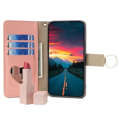 SKALO Samsung A05s 4G Litchi Makeup Mirror Lompakkokotelo - Pinkki