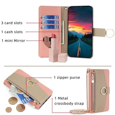SKALO Samsung A05s 4G Litchi Makeup Mirror Lompakkokotelo - Pinkki