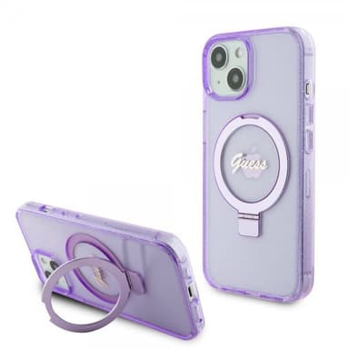 Guess iPhone 15 Plus Kuori Ring Stand Glitter MagSafe Violetti
