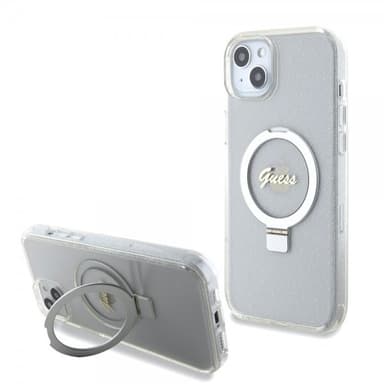 Guess iPhone 15 Plus Kuori Ring Stand Glitter MagSafe Läpinäkyvä