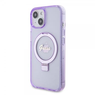 Guess iPhone 15 Plus Kuori Ring Stand Glitter MagSafe Violetti