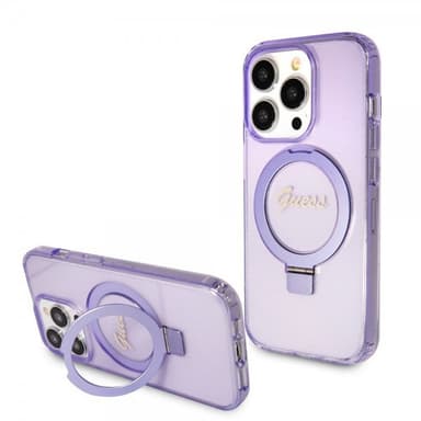 Guess iPhone 15 Pro Max Kuori Ring Stand Glitter MagSafe Violetti