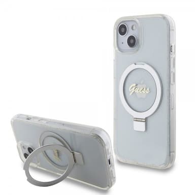 Guess iPhone 15 Kuori Ring Stand Glitter MagSafe Läpinäkyvä