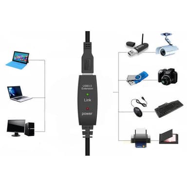 NÖRDIC aktiivinen 5 m USB3.1 -jatkojohto, 5 Gb/s laajennus, USB A uros–naaras laitteille Xbox, PS5, Oculus, tulostin, skanneri, Playstation, VR
