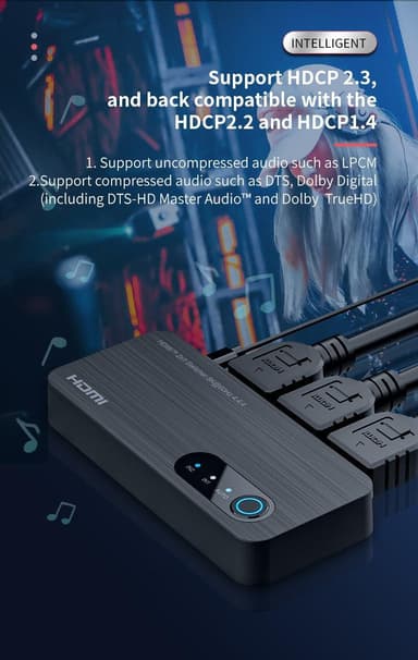 NÖRDIC HDMI-kytkin 2 - 1 8K60Hz 4K120Hz 48Gbps HDR HDCP2.3 Surround 7.1 CEC