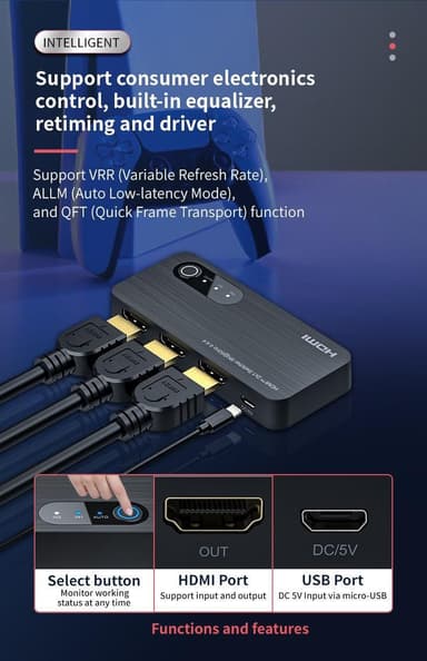 NÖRDIC HDMI-kytkin 2 - 1 8K60Hz 4K120Hz 48Gbps HDR HDCP2.3 Surround 7.1 CEC