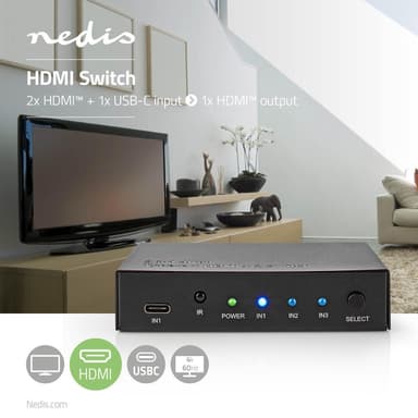 Nedis HDMI ™ Kytkin | 3-Porttinen port(s) | 1x USB-C™ / 2x HDMI™ tuloliitäntä | 1x HDMI™ lähtö | 4K@60Hz | 18.0 Gbps | Metalli | Antrasiitti
