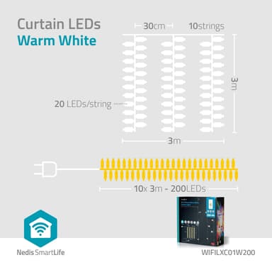Nedis Älykäs jouluvalot | Verho | Wi-Fi | Lämmin Valkoinen | 200 LED's | 3.00 m | Android™ / IOS