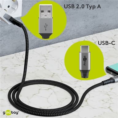 USB-C ™ - USB-A Tekstiilikaapeli metalliliittimillä (avaruudenharmaa / hopea) 1 m