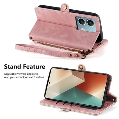 SKALO Xiaomi Redmi Note 13 5G Kohokuvioitu lompakkokotelo PU-nahasta vetoketjulla - Pinkki
