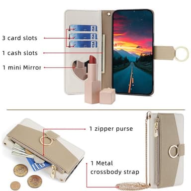 SKALO Samsung A25 5G Litchi Makeup Mirror Lompakkokotelo - Valkoinen