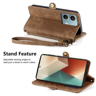 SKALO Xiaomi Redmi Note 13 5G Kohokuvioitu lompakkokotelo PU-nahasta vetoketjulla - Ruskea