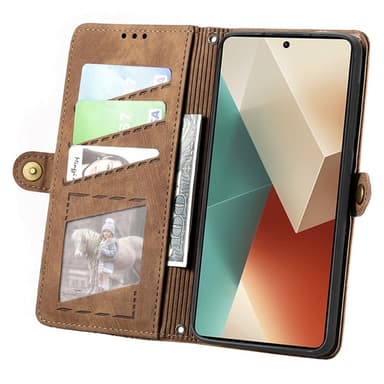 SKALO Xiaomi Redmi Note 13 5G Kohokuvioitu lompakkokotelo PU-nahasta vetoketjulla - Ruskea