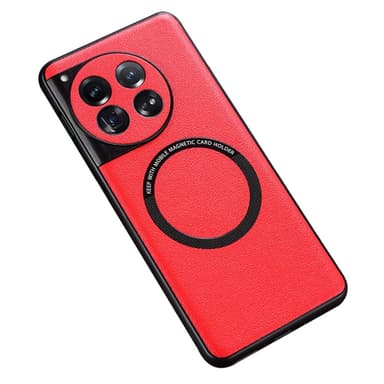 SKALO OnePlus 12 5G PU Nahka Hybrid Magnetic Ring Suojakuori - Punainen