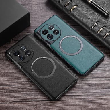 SKALO OnePlus 12 5G PU Nahka Hybrid Magnetic Ring Suojakuori - Punainen