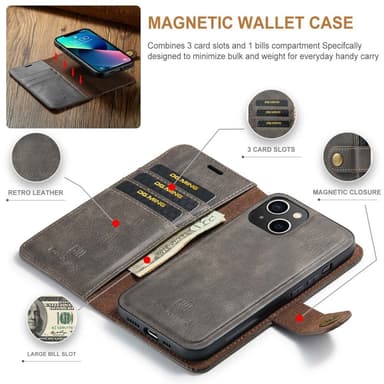 DG MING iPhone 15 2-in-1 magneetti lompakkokotelo - Harmaa