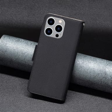 SKALO iPhone 15 Pro Max Litchi Lompakkokotelo - Musta