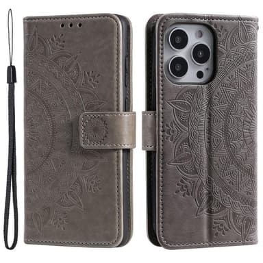 SKALO iPhone 15 Pro Mandala lompakkokotelo - Harmaa