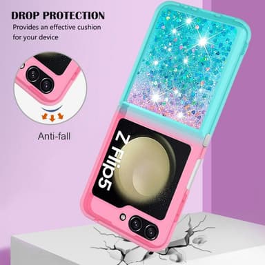 SKALO Samsung Z Flip5 Juoksuhiekka Glitter Sydämet TPU kuori - Pinkki-Turkoosi